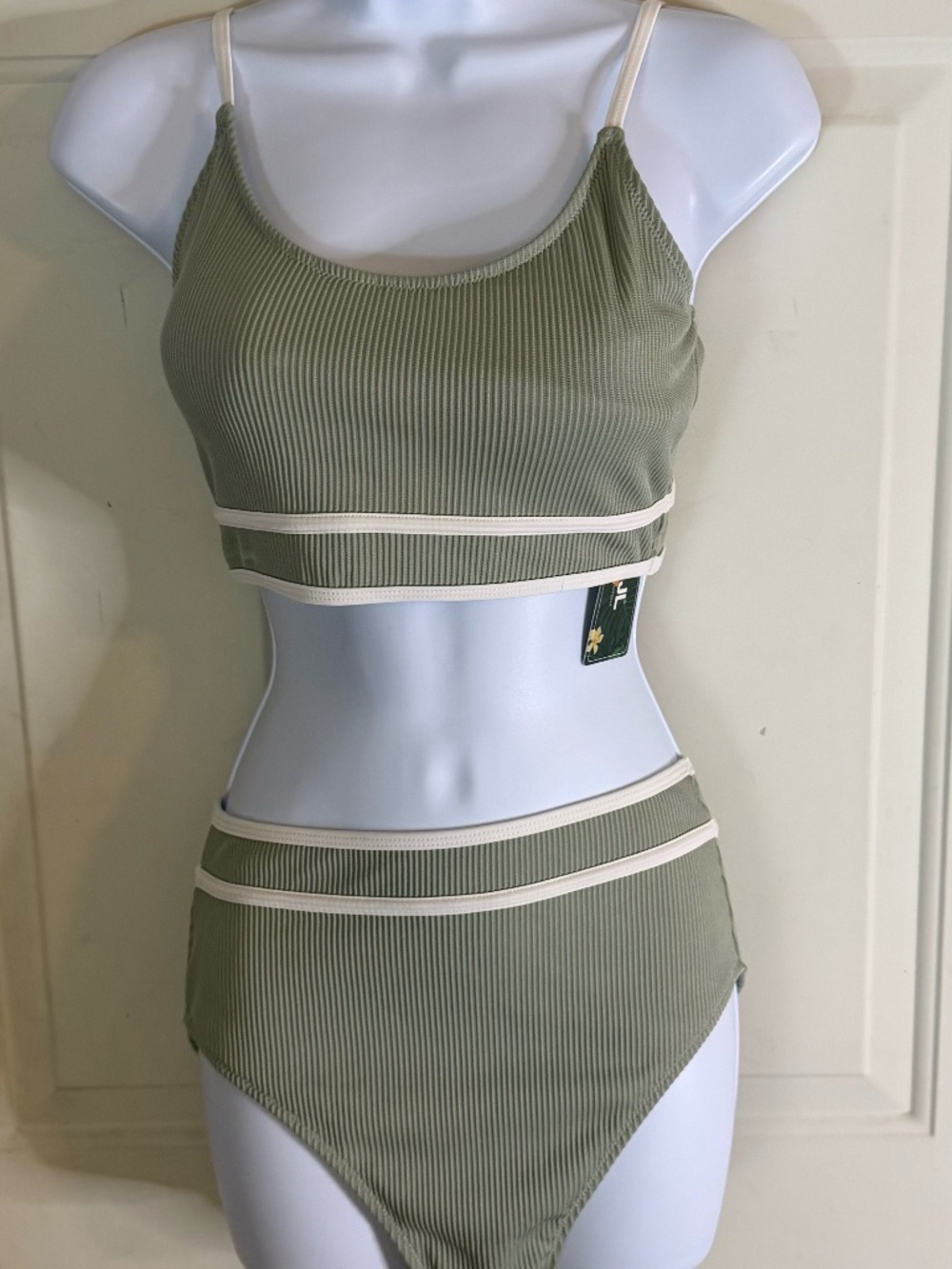NWT Ribbed Sage Green Bikini Set Size Small High Waisted Minimal Chic